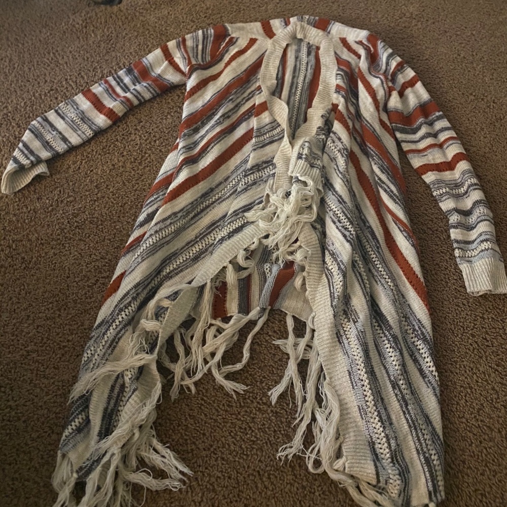 Orange, grey, and off white long sweater